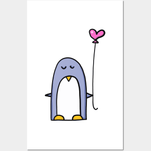 Penguin with heart balloon Posters and Art